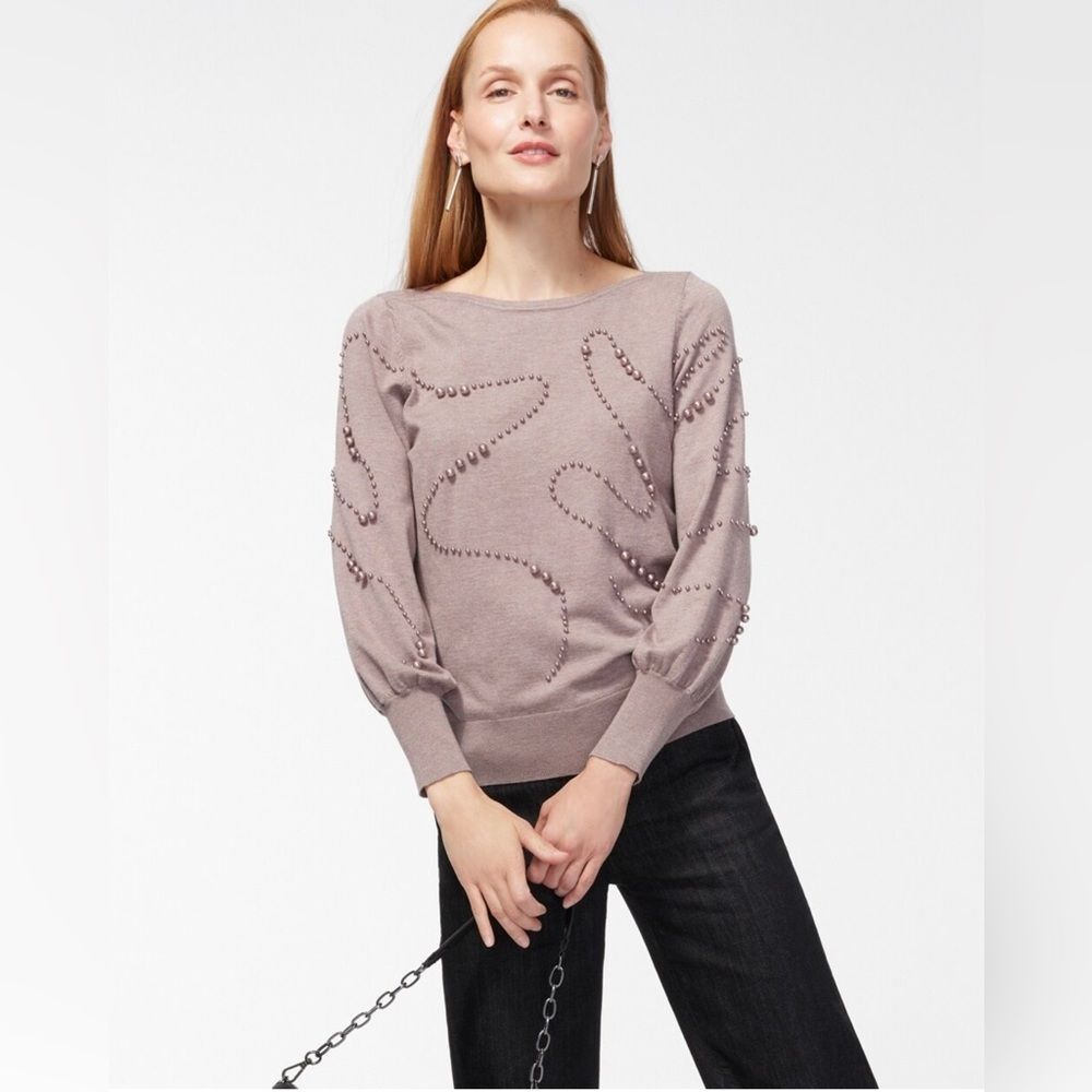 Chico’s Faux Pearl Applique Pullover Sweater Size 4 US XXL Long Sleeve Taupe